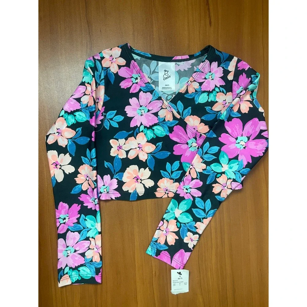 Art Class Girls 3-Piece Swimsuit Set Black Floral Rash Guard Bikini Small Sz6/7